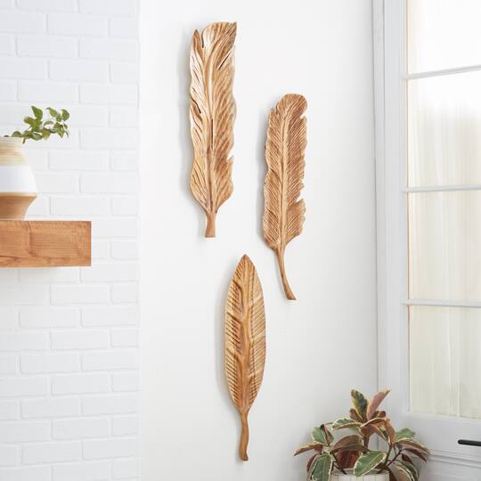 Set of 3 Brown Teak Wood Rustic Wall Decor 7", 27"